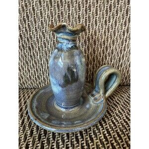 Handmade Dick Lehman Art Pottery Blue Glazed‎ Small Oil Lamp/Bud Vase~Goshen, IN